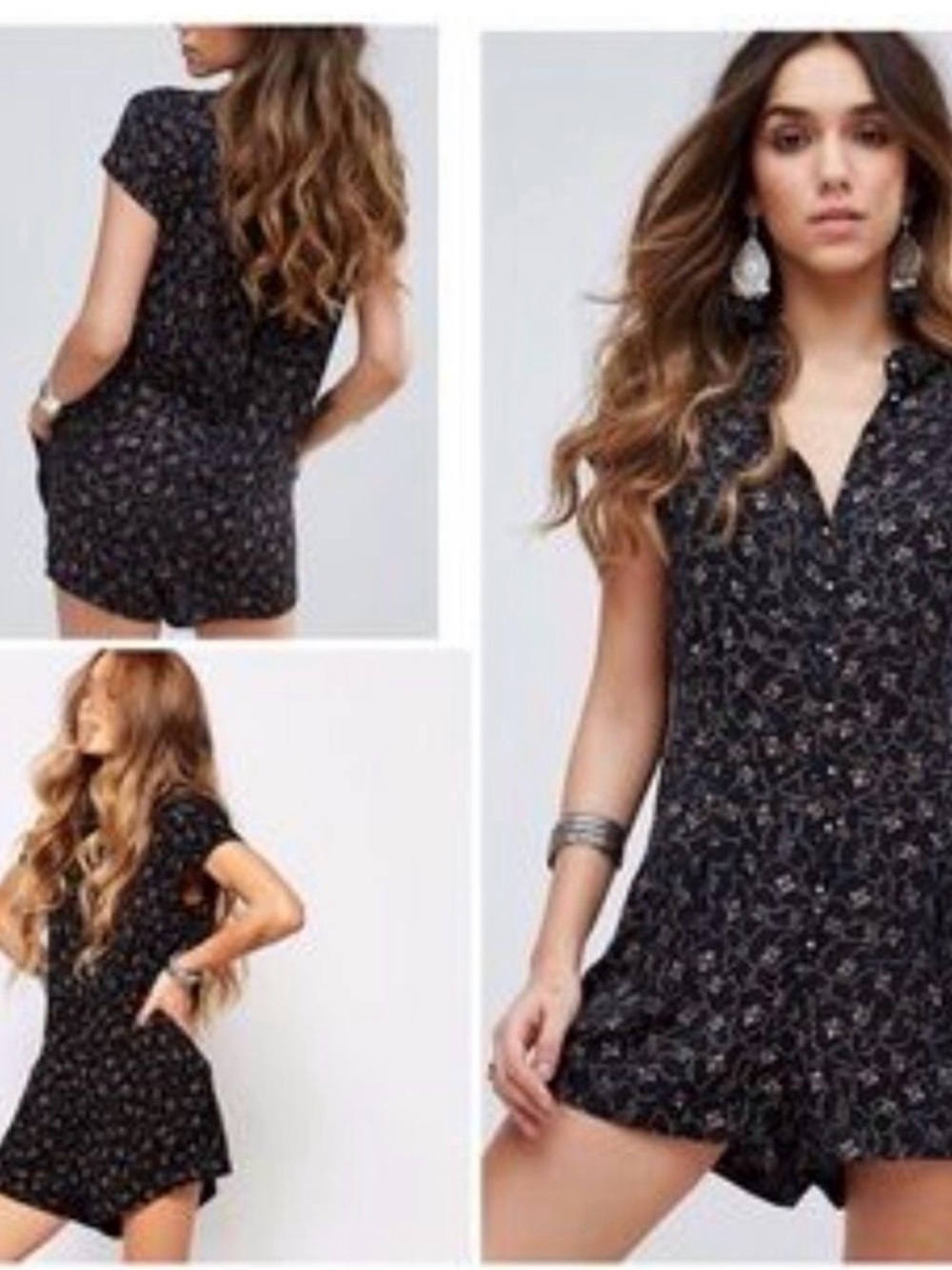 Free People Black Floral Debby Dot Button Front Romper